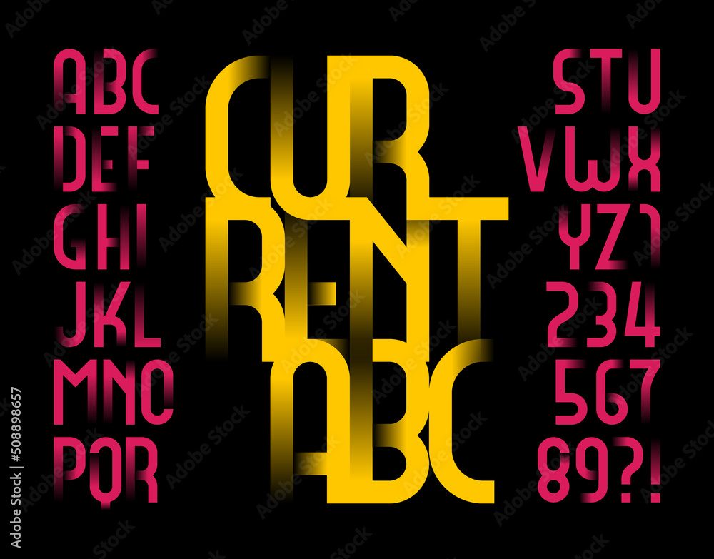 Fototapete current alphabet font. narrow letters and numbers with transparency elements. stock vector typeface 