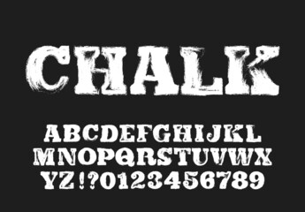 Chalkboard alphabet font. Hand drawn serif letters, numbers and symbols. Stock vector typeface for your design.