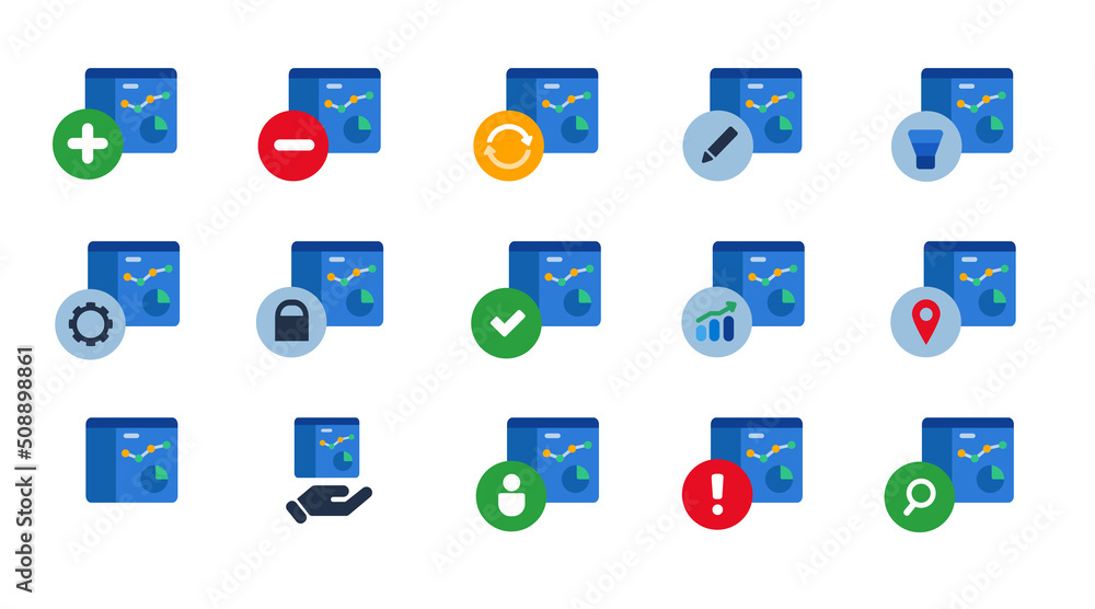 Aufkleber Analytics data report statistics diagram pie chart icon set collection blue vector