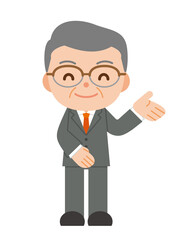 笑顔で案内するスーツを着た男性