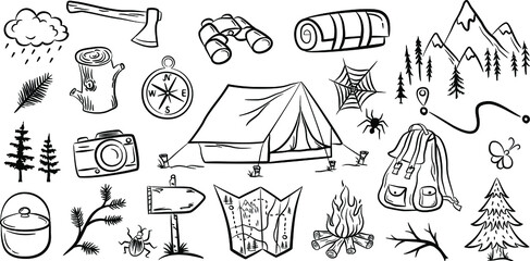 Hiking and backpacking equipment collection. Set of elements for your design . Camping doodles. Vector illustration.