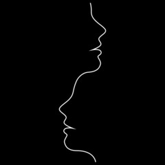 Minimalistic faces line illustration. Couple man and woman, male and female. Black and white. Black background. One line illustration.