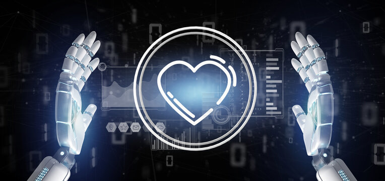 Cyborg Hand Holding A Heart Icon Surrounded By Data