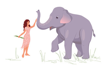 A young woman stands with an elephant, walks and feeds grass to a large elephant