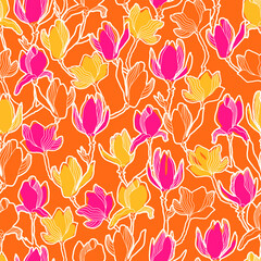 Floral vector background. Hand drawn flowers. Painted magnolia blossom seamless pattern, branches, flowers, leaves and buds. Modern fashion fabric print.