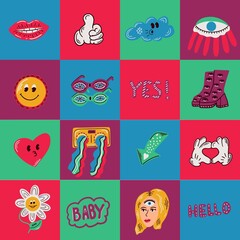 Groovy elements of retro 70s, cute stickers in the style of funky hippie psychedelic. Cartoon daisy flowers, peace sign, heart, rainbow, a set of hippie vector stickers.