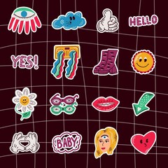 Groovy elements of retro 70s, cute stickers in the style of funky hippie psychedelic. Cartoon daisy flowers, peace sign, heart, rainbow, a set of hippie vector stickers.