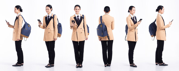 Full length 20s young Mix Race Woman business salesman backpacks, 360 front side rear back view