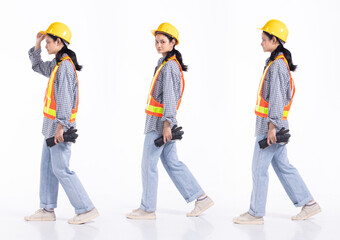 Full length 20s young Mix Race engineer contractor Woman, walking forward left right
