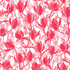 Floral vector background. Hand drawn flowers. Painted magnolia blossom seamless pattern, branches, flowers, leaves and buds. Modern fashion fabric print.