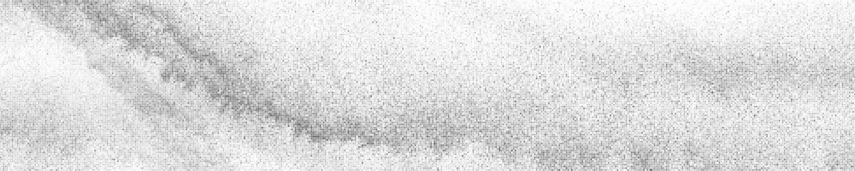 Black Halftone Texture On White Background. Modern Dotted Futuristic Backdrop. Fade Noise Overlay. Wide horizontal long banner for site. Pop Art Style. Vector Illustration, Eps 10.