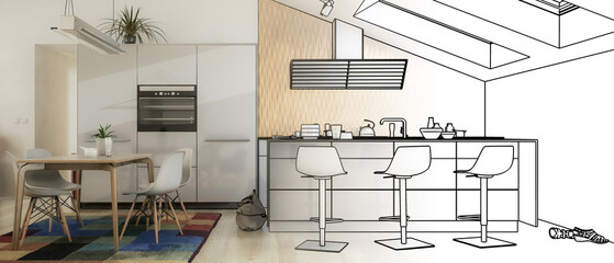 Geräumige Küchenadaptation im Dachausbau (Entwurf) - panoramische 3D Visualisierung