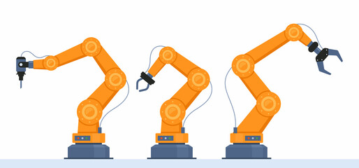 Robotic arms set. Manufacturing automation technology. Industrial tools mechanical robot arm machine hydraulic equipment automotive. Factory assembly robots conveyo. Isolated flat vector illustration. - obrazy, fototapety, plakaty