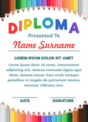 Children's diploma on the background of colored pencils. Template for certificate, announcement, certificate of appreciation, award. Vector illustration