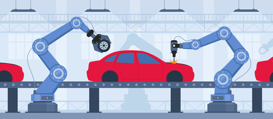 Process of automated car production. Wehicle parts on the machinery line with robotic hands. Assembly line at an automobile factory. Vector illustration.