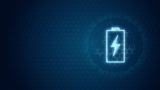 Motion graphic of Blue battery logo with circle rotation on hexagon shape background and futuristic technology abstract background
