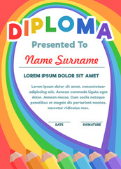 Children's diploma on the background of colored pencils and rainbows. Template for certificate, announcement, voucher, certificate of honor, award. Vector illustration