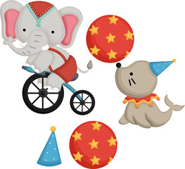 a vector of a cute circus elephant and seal