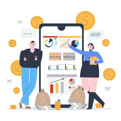 People analyze financial graphs, charts and diagrams and other data. The concept of stock trading, finance. Flat vector illustration. Eps10