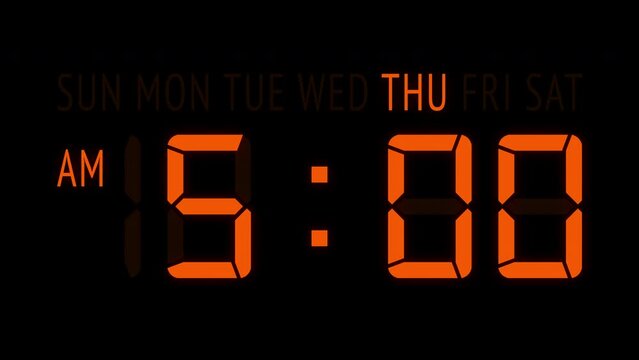 Loopable: Orange LED digital clock displays the current time at Thursday in 12-hours AM/PM format updating 1 minute per frame. Animated digits on black background.