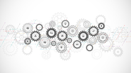 Information technology concept with infographic elements and flat icons. Cogs and gear wheel mechanisms. Hi-tech digital technology and engineering. Abstract technical background