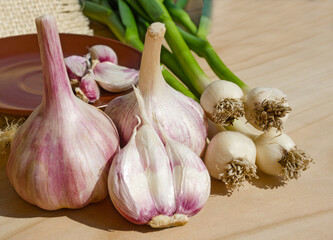 Garlic cloves in a bowl on burlap.