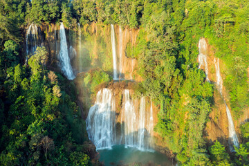Aerial view. Thi Lo Su Waterfall in the middle of beautiful forest and mountains, Tak Province, Thailand
