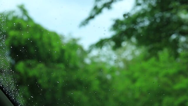 雨の日　車の中　ガラスについた水滴　梅雨イメージ
