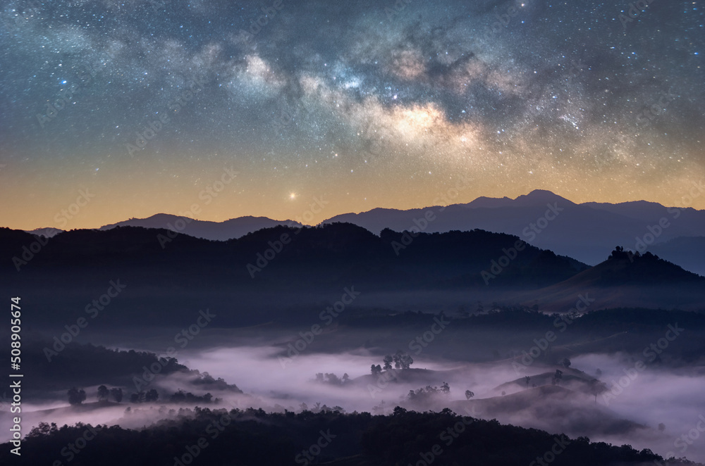 Wall mural beautiful views and night sky with the milky way galaxy, (baan jabo), mae hong son, baan jabo one of
