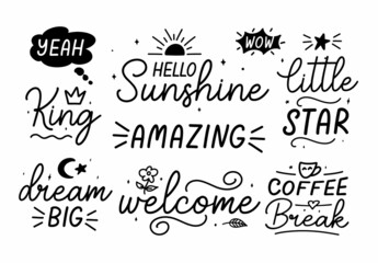 Hand drawn typography lettering quotes motivational lettering pack summer welcome sunshine coffee break dream big king wow lettering vector