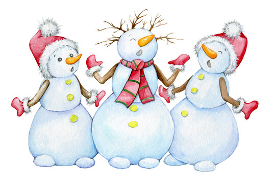 Cute snowmen in red hats are singing. Watercolor Christmas clipart, on an isolated background. In cartoon style.
