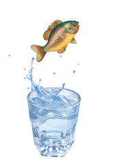 perche soleil  , poisson, sauter, évasion, eau, en verre, boire, clapoter, froid, liquide, glace, isolé, blanc, boisson, bouillonner, abattre, bleu, frais, éclaboussure, clair, verser, transparent, , 
