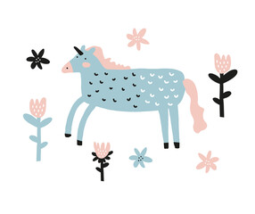 Cute Abstract Nursery Vector Illustration with Funny Hand Drawn Blue Unicorn and Flowers Isolated on a White Background. Magic Party Print ideal for Card, Wall Art, Invitation, Poster.