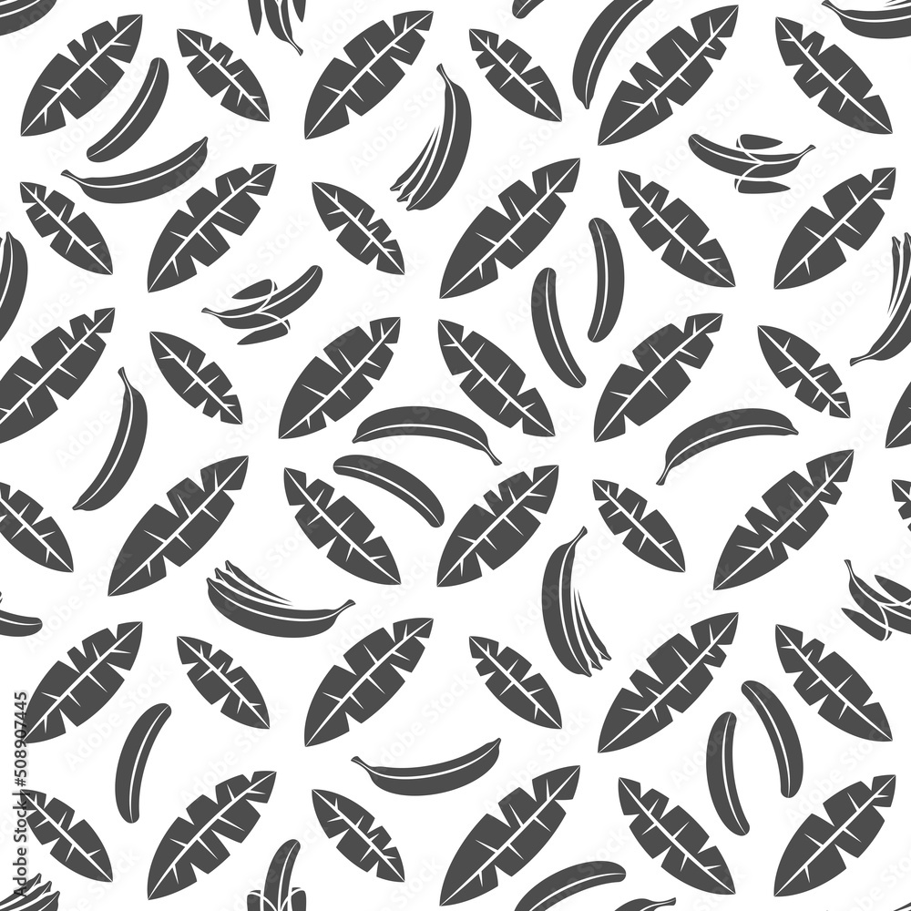 Poster seamless pattern with black and white palm leaves and bananas. tropical vector background with isola