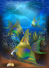 Fototapeta na wymiar Underwater tropical card with Emerald Angelfish, vector illustration