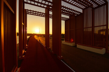 Sunrise in Bucharest. A beautiful morning in the new park promenade next to Morii Lake (Lacul...
