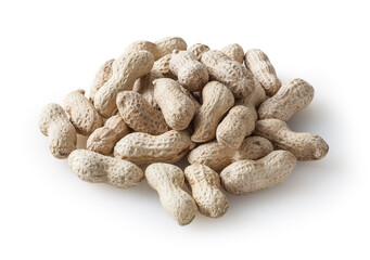 Heap of raw peanuts isolated on white background with clipping path