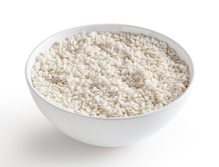 Uncooked arborio rice in white bowl isolated on white background with clipping path