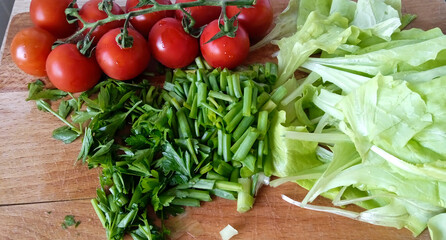 Fresh vegetables for salad or tortilla. Tomatoes, salad, greenery.