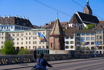 Chapel named Käppelijoch at Middle Rhine Bridge at the old town of City of Basel on a sunny spring day. Photo taken May 11th, 2022, Basel, Switzerland.