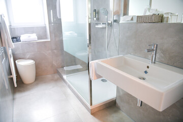 Interior bathroom design with gray faience and floor tiles. Modern bath design with sink, toilet and shower.