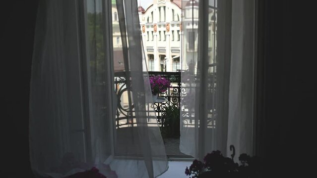 Beautiful flowers on a vintage balcony with tulle and city view