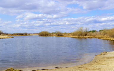 River with cloudy skies and willows growing along the shore in spring or early summer. beautiful sky