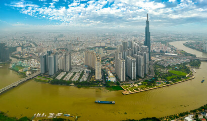 Aerial view of Ho Chi Minh City skyline and skyscrapers in center of heart business at downtown....