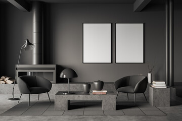 Grey Chill room interior with armchairs and decoration, coffee table and mockup frames