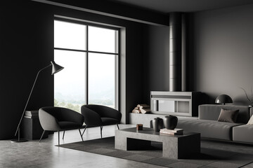 Grey chill room interior with armchairs and sofa, coffee table and fireplace