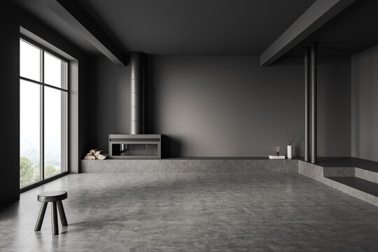 Grey empty room, studio apartment and fireplace, window and stool on dark floor