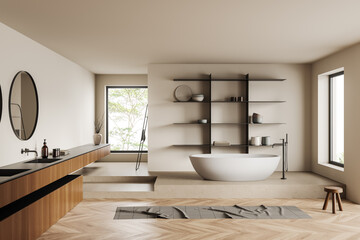 Fototapeta na wymiar Beige bathroom interior with bathtub and sink, decoration and window