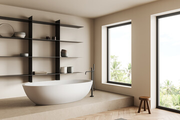 Fototapeta na wymiar Light bathroom interior with tub, shelf with decoration and window