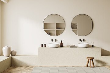 Light bathroom interior with sink and mirror, stool and accessories